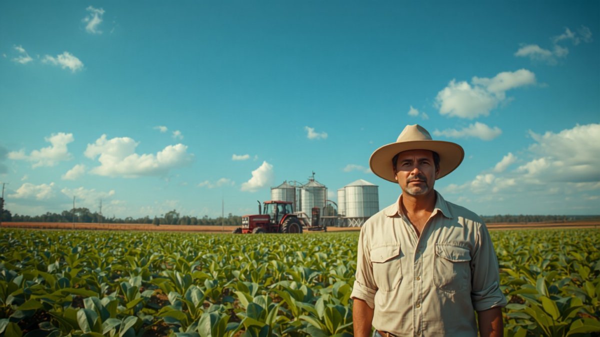 Produtor rural em lavoura de soja sob céu azul, com trator e silos ao fundo