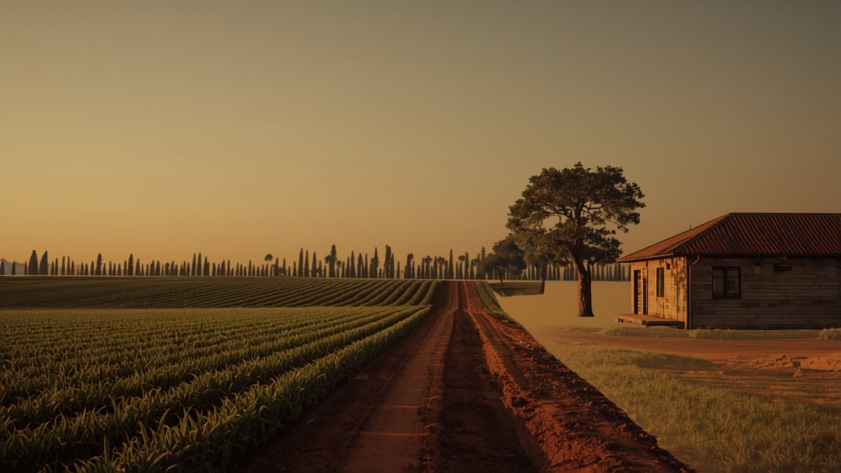 Propriedade rural familiar no interior do Paraná ao fim da tarde, com casa de fazenda, lavoura e estrada de terra vermelha